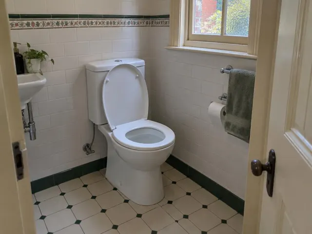Clean white toilet in a tiled bathroom with window and towel rail in Epping