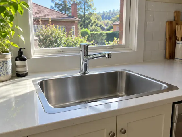 Chrome kitchen sink tap over a stainless steel sink and white countertop in a bright home kitchen in Beecroft